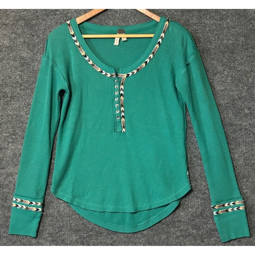 We The Free Womens Small Henley Top Green Waffle Knit Tribal Trim